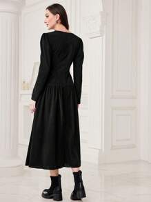 Modelyn 女用褶皺泡泡袖連身裙 - 黑色 - 查看 2