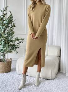 SHEIN LUNE Robe À Manches Longues À Col Montant Et Couleur Unie Pour Femmes Avec Fentes Latérales En Deux Parties - Camel - Voir 6