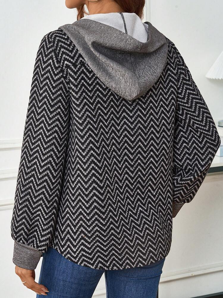 Hooded Regular Jacket With Zigzag Pattern Drawstring Fall Cloth For Women