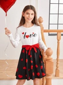 SHEIN Girls' Letter & Heart Patterned Dress Mommy And Me Matching Outfits (2 Pieces Are Sold Separately) - Red - View 2
