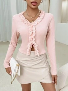 SHEIN Privé Ruffle Trim Split Hem Tee - Pink - View 1