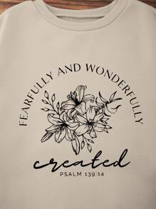 SHEIN EZwear Của phụ nữ Vòng cổ Hoa Và Slogan In Áo nỉ - Màu be - Xem 3