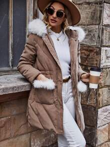 SHEIN LUNE 女士连帽加厚棉服外套冬季有领 - 棕色 - 查看 3