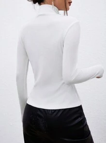 SHEIN Privé 女式立領長袖t卹 - 白色 - 查看 2