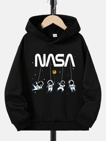 SHEIN Teen Boys' Casual Astronaut Letter Print Hooded Fleece Sweatshirt,In Fall/Winter