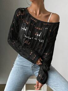 SHEIN Privé 實色針織大孔細節下墜肩毛衣 - 黑色 - 查看 3