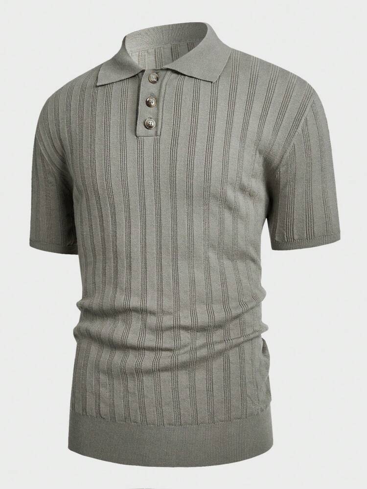 Men'S Solid Color Collar Short-Sleeved Knitted Top With Buttons