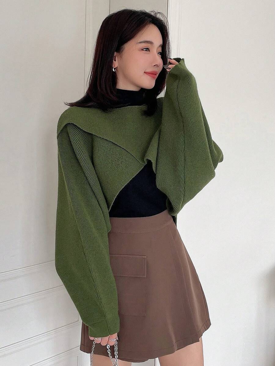 DAZY Women's Solid Color Wraps Short Knitted Cardigan Sweater - Olive Green - View 1