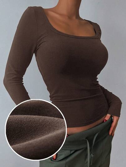 DAZY Women's Solid Color Slim Fit Fleece Long Sleeve T-Shirt,Fall Clothes,Thermal Lined