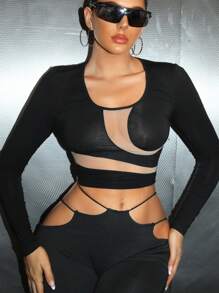 SHEIN ICON Contrast Mesh Crop Tee - Black - View 5