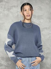 少女長五角星圖案落肩寬鬆休閒毛衣 - 藍色 - 查看 6