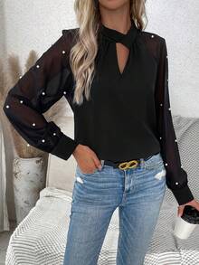 SHEIN Frenchy Button Up Mesh & Bead Patchwork Keyhole Neckline Shirt - Black - View 3