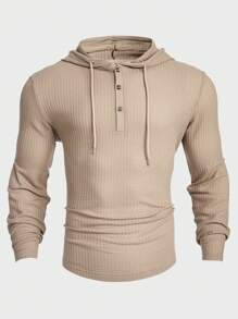 Manfinity RelaxMax Camiseta con capucha de manga larga lisa con cordón, en tejido de guata, informal, para primavera/otoño, vacaciones, para esposo y padre
