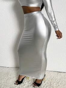 Slaydiva Solid PU Leather Pencil Skirt - Silver - View 4