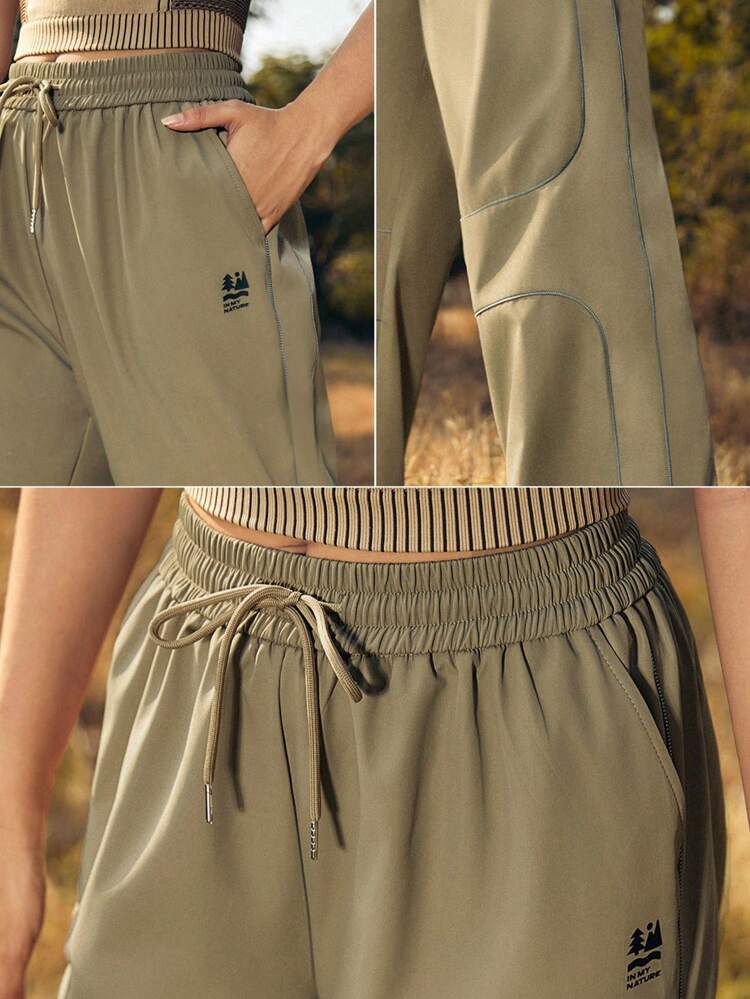 Women's Letter Printed Drawstring Waist Outdoor Wide Leg Pants