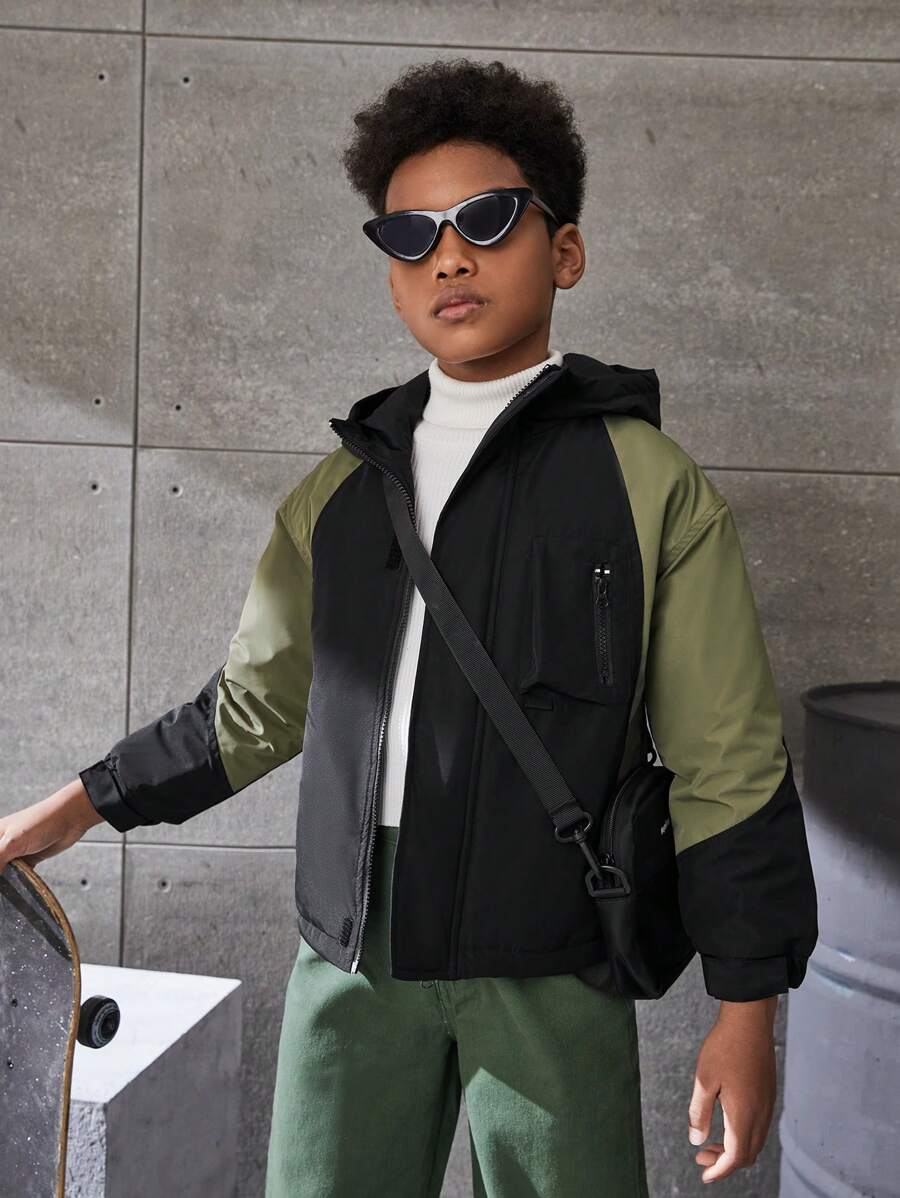 青少年男孩的運動戶外輕質夾克,非常適合遠足和露營,經典拼布風衣 - 綠色 - 查看 1