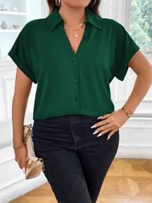Vionelle Plus Size Solid Color Short Sleeve Shirt, Casual Style - Dark Green - View 6