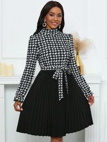 SHEIN Privé 千鳥格圖案束帶連身裙 - 黑色 - 查看 4