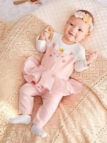 SHEIN Bộ đồ liền thân dài tay cổ tròn in họa tiết hoạt hình và quần lưới tương phản 2 trong 1 cho bé gái - Nhiều màu - Xem 10