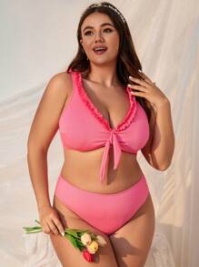 Swim Mod 大尺碼女士荷葉邊紋身泳衣套裝 - 玫紅色 - 查看 1