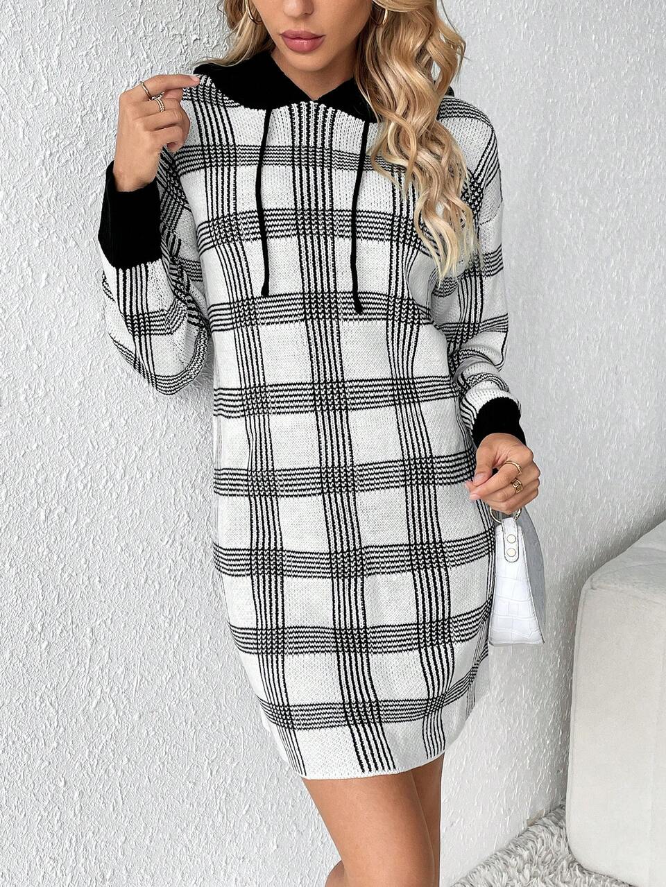 Plaid Color Block Drawstring Hooded Sweater Dress