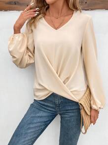 SHEIN Frenchy Fashionable Ladies' Solid Color Crossed Pleated Shirt, Versatile Style Winter Casual - Apricot - View 5