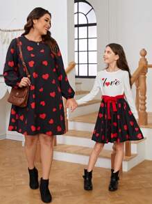 SHEIN Girls' Letter & Heart Patterned Dress Mommy And Me Matching Outfits (2 Pieces Are Sold Separately) - Red - View 8
