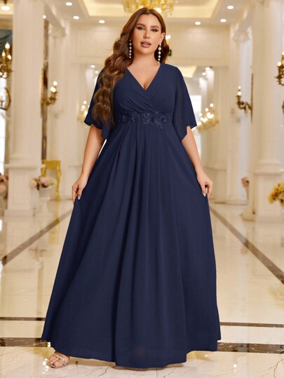 SHEIN Belle Vestido de dama de honor de talla grande con cuello en V bordado de unicolor con cintura, elegante vestido formal para fiesta de noche, boda, graduación, cena o fiesta