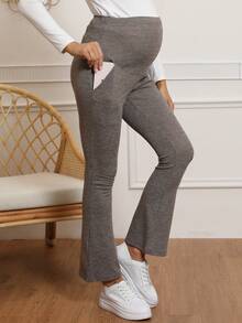Maternity Solid Color Tight Fit Flare Leg Pants - Brown - View 4