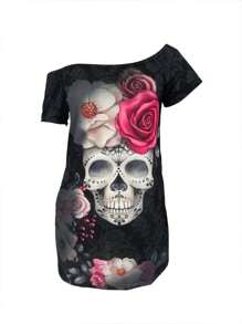 INAWLY Ladies' Off Shoulder Skull & Rose Printed Dress - Black - View 3