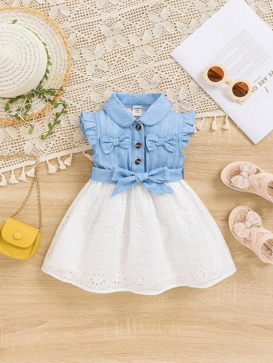 SHEIN Baby Girl's Casual Washed Skyblue Sleeveless Dress With Bowknot And Embroidery Detail - Blue - View 1