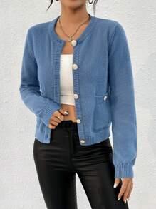 SHEIN Essnce Của phụ nữ Vòng cổ Tay áo dài Áo len Mở Áo len - Màu xanh lam - Xem 3