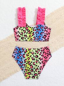Traje De Baño Para Niñas Pequeñas Con Estampado Aleatorio Y Ribetes De Volante - Multicolor - Ver 2