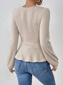 SHEIN Frenchy Women's Knotted Ribbed Ruffle Hem T-Shirt Winter Casual - Apricot - View 2