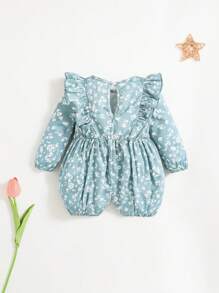 SHEIN Infant Girls' Floral Print Ruffle Hem Long Sleeve Romper - Green - View 2
