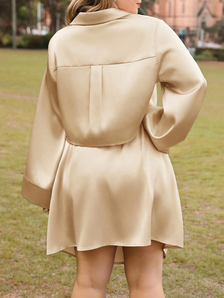Plus Size Solid Color Bell Sleeve Short Blouse And Skirt 2pcs/set