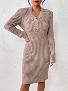 SHEIN LUNE Của phụ nữ Màu thuần Nút Thiết kế Một nửa thân trước Đồ đan Ribbed Đầm Áo len - Màu Khaki - Xem 1