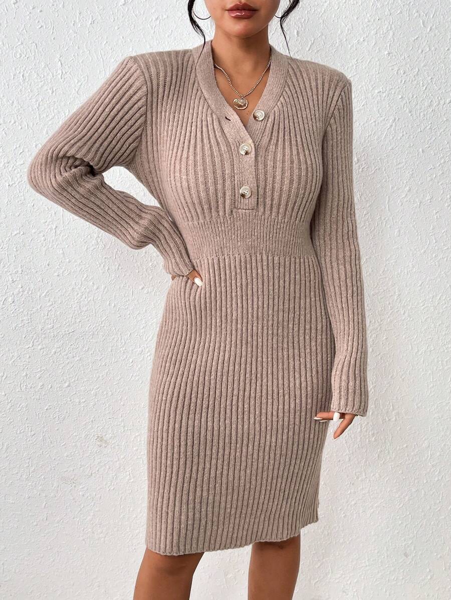SHEIN LUNE Của phụ nữ Màu thuần Nút Thiết kế Một nửa thân trước Đồ đan Ribbed Đầm Áo len - Màu Khaki - Xem 1