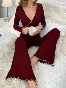 撞色卷边交叉裹身上衣和喇叭裤睡衣套装 - 酒紅色 - 查看 1