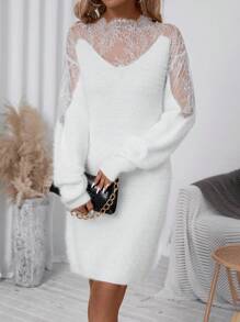 SHEIN Clasi Quý cô Vá lại Ren & Sang trọng & Đầm Áo len - trắng - Xem 4