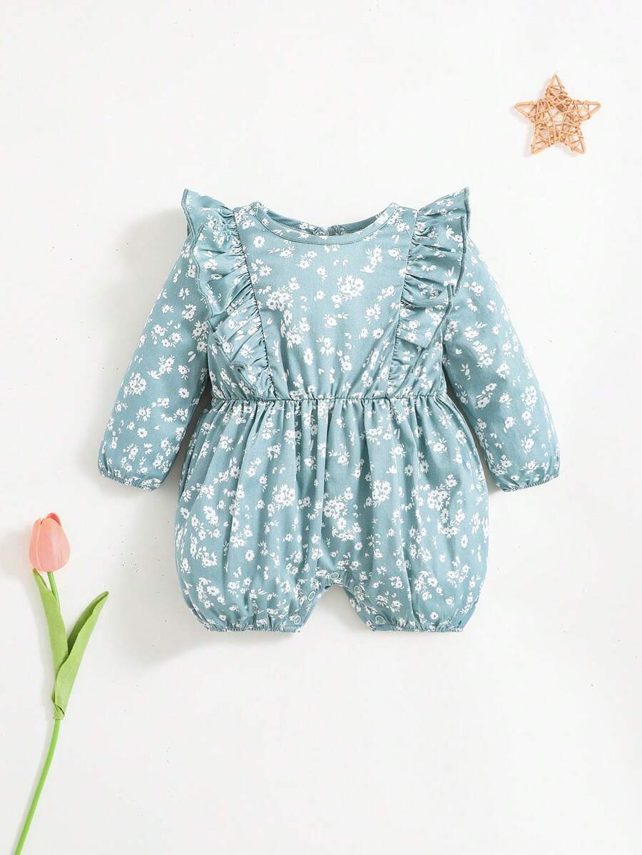 SHEIN Infant Girls' Floral Print Ruffle Hem Long Sleeve Romper - Green - View 1