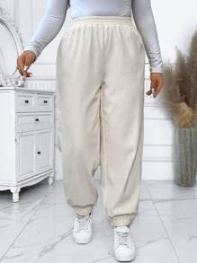 Calvaya Plus Size Solid Color Elastic Waist Ankle-length Pants - Apricot - View 6