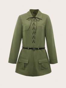 SHEINNeu 女性工裝腰帶背帶洋裝 - 軍綠色 - 查看 1