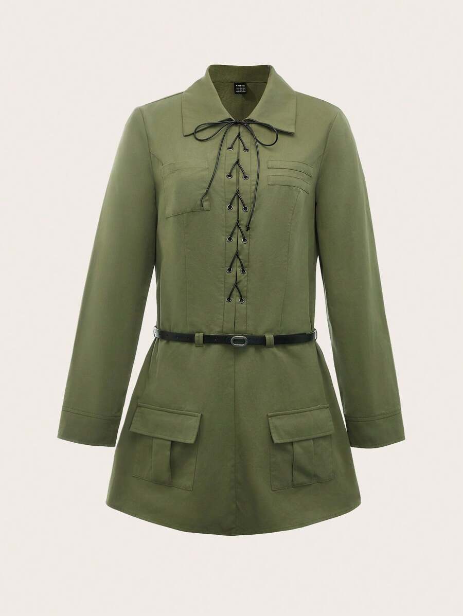 SHEINNeu 女性工裝腰帶背帶洋裝 - 軍綠色 - 查看 1