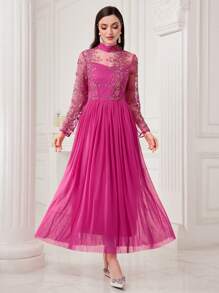 Modelyn Của phụ nữ Lưới thêu Đầm - Màu Hồng Tươi - Xem 5