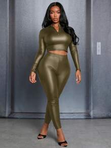 Slaydiva 女士立领短款PU长袖T恤 - 軍綠色 - 查看 1