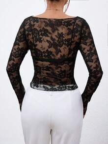 SHEIN Privé Ladies' Elegant Fringe Boat Neck Asymmetrical Hem Top - Black - View 2