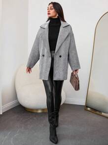 RueChic Herringbone Print Drop Shoulder Overcoat - Black and White - View 3