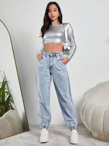 EURMUSE Women's Drawstring Denim Pants - Light Wash - View 3