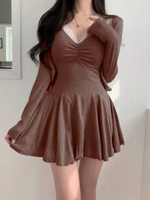 DAZY Lace Trim Cami Dress And Jacket Two Piece Set,Ruffle - Brown - View 5